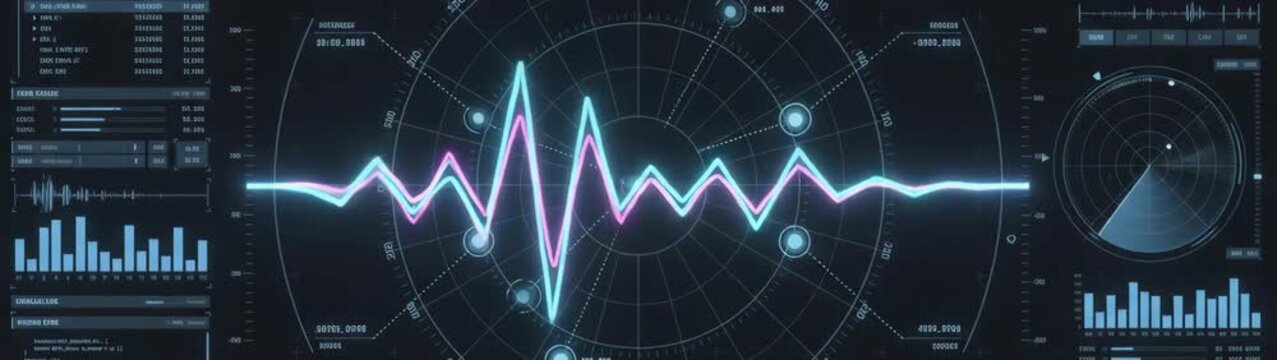 Digital dashboard displaying data with an analyzing waveform User interface elements visualize information technology and diagnostics.