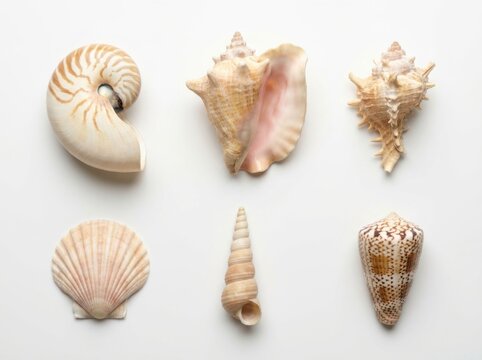 Six marine seashells displayed on white background collection for nautical interior design decor art