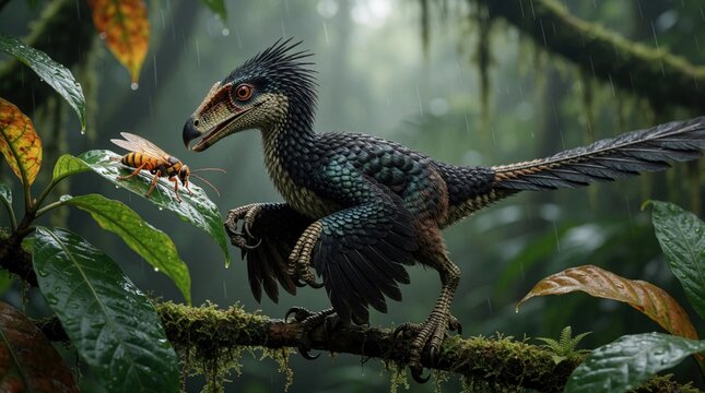 Small microraptor dinosaur with dark feathers perches on mossy tree branch in rainy jungle. Predatory reptile uses sharp beak to catch orange wasp on green leaf. Realistic prehistoric animal hunts