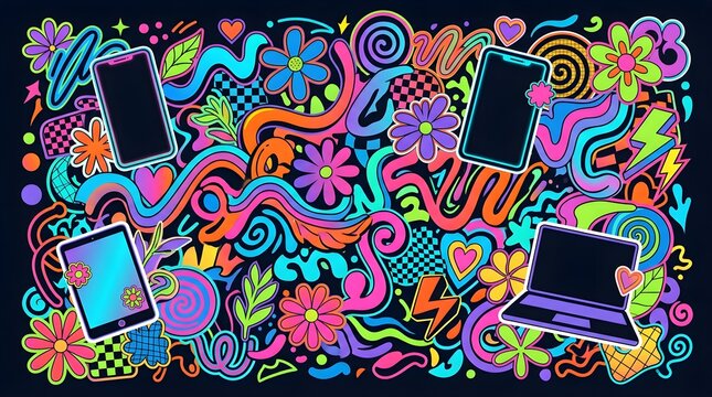 Colorful neon doodle background with digital devices and floral patterns