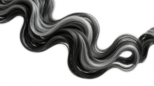Wavy grayscale hair strands flow in dynamic motion on white background. Smooth silky hair texture with black, grey tones. Abstract hair design for beauty salon, cosmetic brand, hair care product
