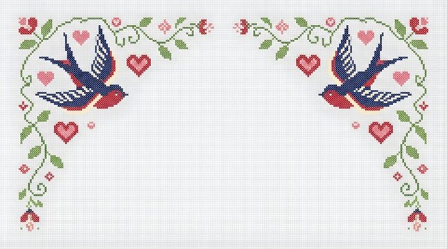 Cross stitch embroidery pattern with swallows and hearts for card design