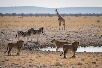 Naklejka premium Lions walk near water hole in Etosha national park. Zebras, giraffe watch predators in dry savanna. African wildlife scene shows wild animals in Namibia safari. Big cats hunt prey in dusty desert