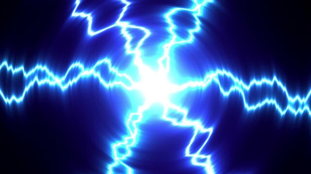 Electric lightning bolts flashing with bright blue glowing energy discharge in a radial abstract pattern for futuristic science fiction technology visuals