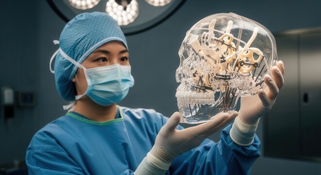 Surgeon Holding Anatomical Skull Model with Surgical Implants and Hardware in Operating Room
