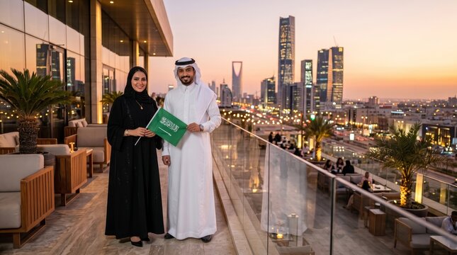 Saudi National Day 2026 Adult Saudi Couple in Elegant Saudi Fashion at Luxury Riyadh Hotel Terrace with KSA Flag, Premium Hospitality Advertising Image