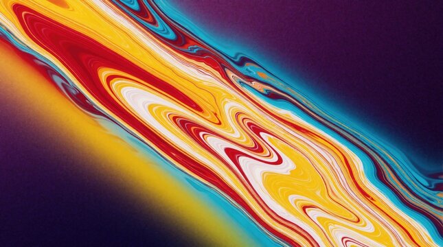 Abstract diagonal background with colorful liquid swirl pattern. Vibrant red yellow, blue waves flow on purple grainy texture. Modern fluid motion design with psychedelic effect for web banner,