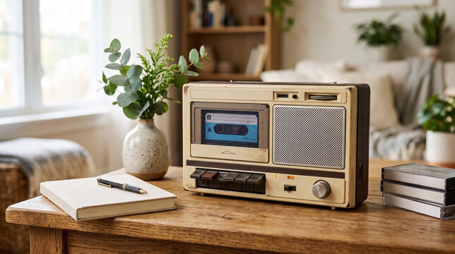 Retro cassette player on wooden table in cozy room. Retro cassette player features tape inside deck with notebook and pen for music notes. Nostalgic retro cassette player for lifestyle and home decor.