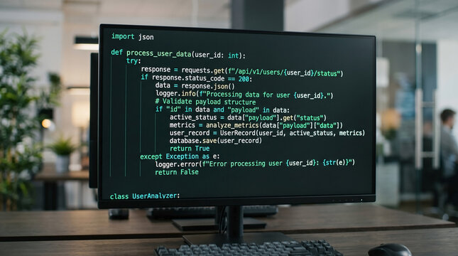 Python code displayed on professional computer monitor inside office workspace. Screen shows Python code used for backend data processing and user validation.
