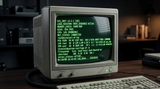 Classic vintage computer monitor displaying green code lines and system status on dark desk in office. Old vintage computer monitor paired with mechanical keyboard. Unique vintage computer monitor.