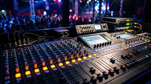 Sound mixing console stands on stage during live concert event. Sound mixing console displays illuminated faders and buttons. Digital sound mixing console setup for music festival promo.