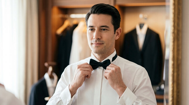 Groom bow tie adjustment in front of dressing mirror during preparation. Handsome man wearing groom bow tie wears white formal shirt near wardrobe. Elegant groom bow tie photo for wedding catalog.