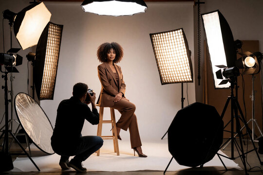 African American female model in brown suit poses on stool in photo studio. Pro photographer takes portrait using lighting equipment, softbox, reflectors. Fashion photoshoot session with studio