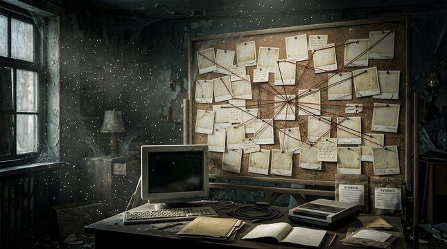 Detective investigation board with crime photos and evidence in a dark room