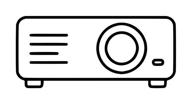Minimalist hand-traced black vector illustration icon of a classic video projector with circular lens and ventilation slats on isolated white background for graphic design resources
