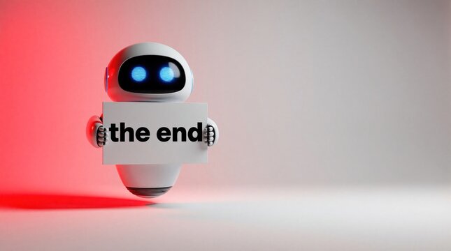 Small robot holds sign that says the end. Futuristic android signals conclusion or termination. Concept for AI takeover, machine uprising, or human obsolescence. Red light backdrop.