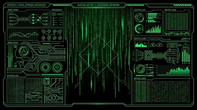 Digital technology interface with green binary code and data metrics