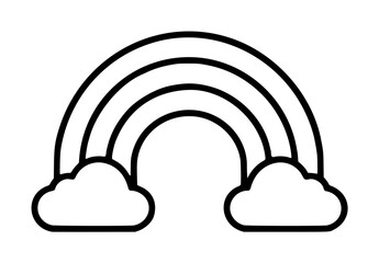 Fototapeta premium Hand-traced black and white vector illustration of a rainbow arching between two fluffy clouds, minimalist line art icon with bold outlines on a clean white background, simple weather symbol design