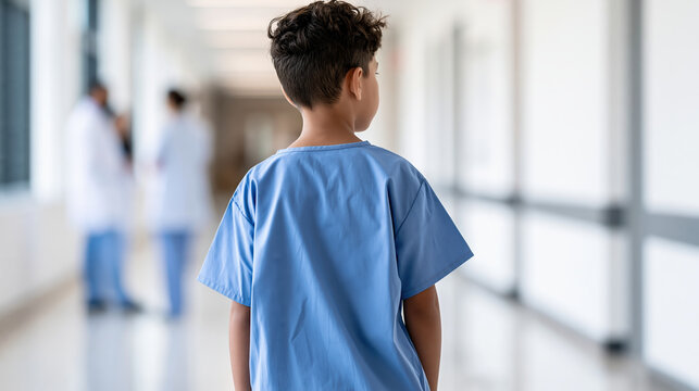 Young boy in medical scrub walking through bright hospital corridor with calm confidence and healthcare staff nearby