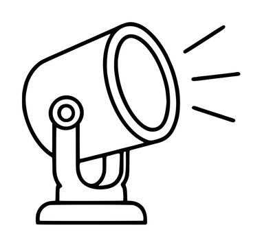 Hand traced black outline vector icon illustration of a classic searchlight spotlight with radiating light beams on a sturdy stand base, minimalist line art graphic