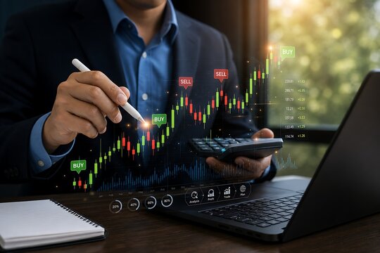 Businessman analyzing financial charts on laptop with digital holographic overlay