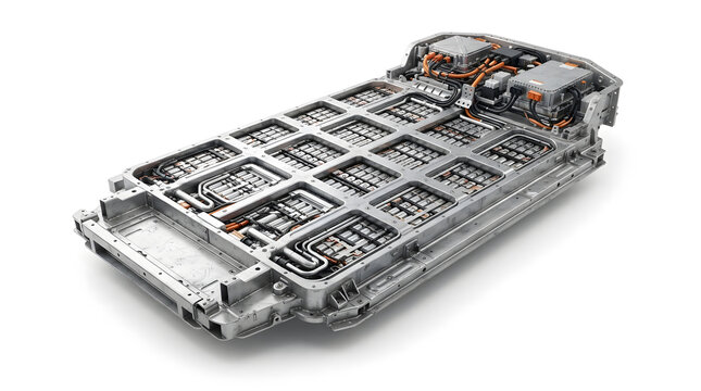 Detailed electric vehicle battery pack with modular cells, cooling channels, busbars and protective frame for modern automotive energy storage