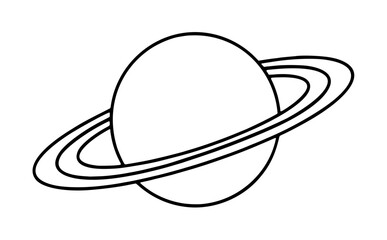 Hand drawn black and white vector illustration of a ringed planet resembling Saturn with elegant elliptical planetary rings encircling its spherical body in minimalist line art style © Ashaakter