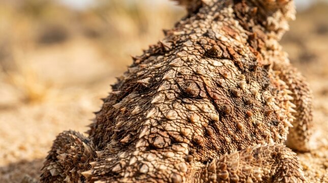 Close up of a wild horned lizard with rough textured spikes on its back sitting on dry desert sand in a hot arid environment during a summer day