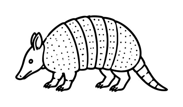 Hand-traced vector illustration of a charming armadillo with detailed segmented shell and dotted pattern, black line art side view on white background, perfect for coloring books, wildlife design,