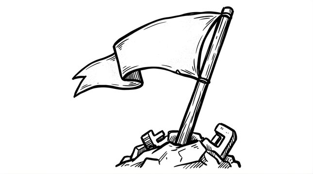 Hand drawn sketch of a flag planted on a mountain top for success goal
