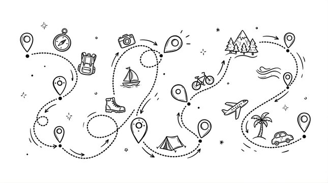 Hand drawn travel map route with location pins and adventure icons