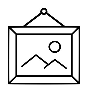 Hand-drawn vector illustration of a hanging photo frame icon with classic picture of mountains and sun, minimalist line art style for galleries and decoration concepts