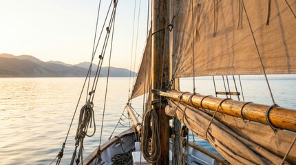 Fototapeta premium Close view of wooden mast and ropes on vintage sailing boat during golden hour with calm sea and distant mountain landscape background for travel