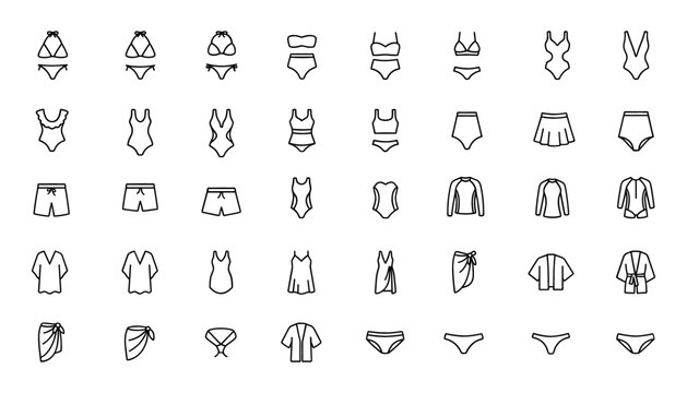 Women and Men Swimwear Beachwear and Summer Fashion Clothing Line Icon Set with Bikinis Monokinis Trunks Rashguards and Coverups for E-commerce Websites