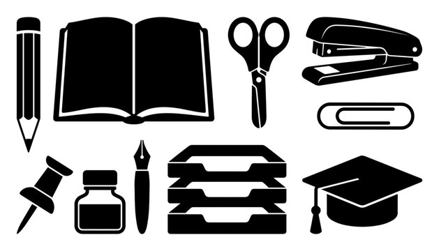 School education and office stationery icons set featuring pencil, open book, scissors, stapler, paperclip, pushpin, inkwell, document tray, and graduation mortarboard cap silhouette vector graphics