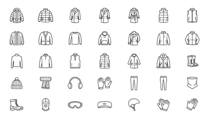 Winter Outerwear Cold Weather Apparel and Alpine Sports Gear Line Icon Set with Puffer Jackets Overcoats Hoodies Boots Hats and Gloves for Fashion E-commerce Websites © Md