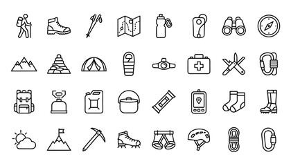 Fototapeta premium Hiking and Mountain Camping Line Icon Set with Outdoor Adventure Gear Backpacking Equipment Trekking Tools and Nature Exploration Symbols for Websites and Apps