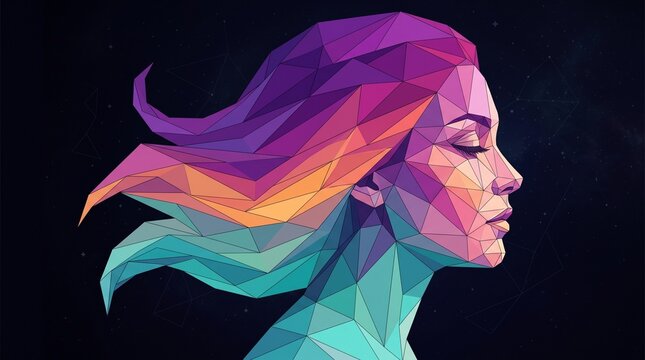 Geometric Low Poly Woman Face Silhouette in Purple Orange Teal Gradient, Mystical Abstract Digital Art