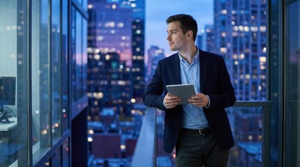 Fototapeta premium Confident businessman looking out city window holding modern digital tablet computer during evening overtime at high rise corporate office downtown