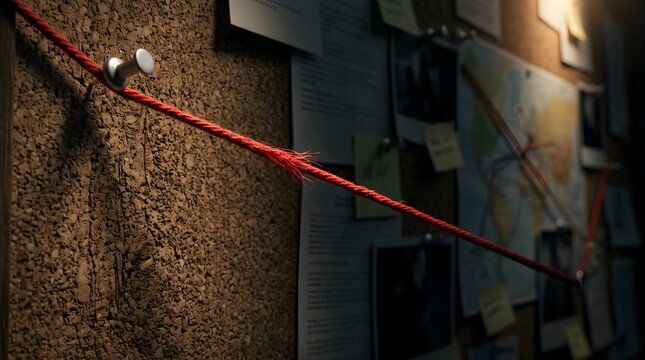 Red detective yarn connecting evidence clues on a cork board wall