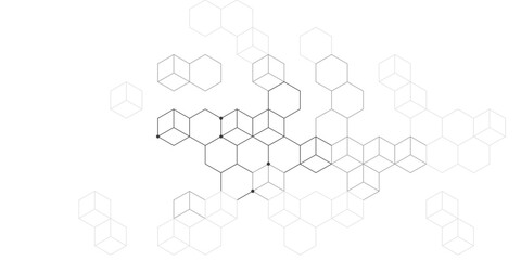 Fototapeta premium Geometric network structure with interconnected hexagons and cubes against white background
