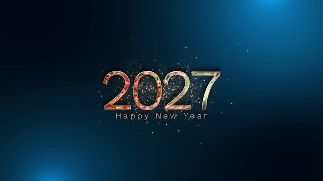 Elegant metallic 2027 numbers shimmer in warm copper tones against a dark blue gradient filled with delicate particles. Perfect for luxury New Year campaigns, greeting cards and festive announcements.