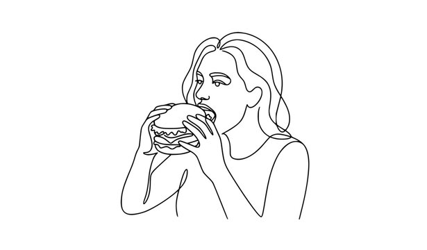 One line woman holding hamburger and eating fast food minimalist vector illustration
