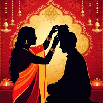Sister applies tika to brother forehead celebrating Bhai Dooj Hindu festival. Family tradition honoring sibling bond with prayers and blessings. Festive occasion with lamps and floral motifs.