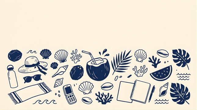 Summer beach vacation doodle elements with blank space for text