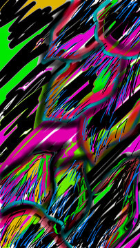 Abstract diagonal glitch art with neon pink, green and blue scribbles on black strokes, vibrant cyberpunk digital painting, energetic modern background