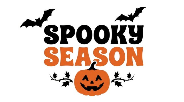 Spooky season typography design with a cute jack o lantern pumpkin and flying bats for halloween decorations