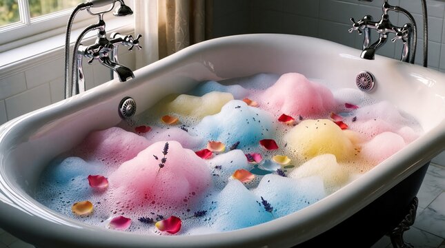 Colorful bath bubbles with rose petals float in a tub. Lavender sprigs add aromatic calm. This scene offers luxury spa relaxation, cleansing, and pure indulgence.