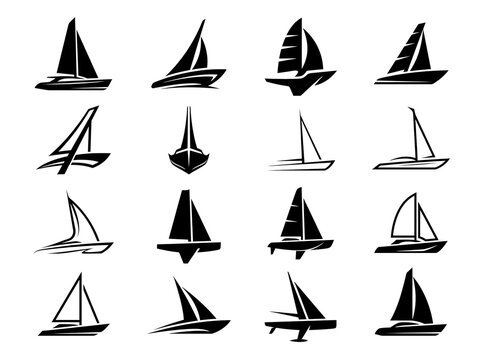 Sailboat Logo Design Concepts, Black Vector Yacht Icons, Collection of Abstract Windship Emblems, Maritime Commercial Sign Collection, Nautical Identification Graphics for Branding