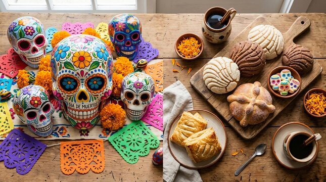 Traditional Day of the Dead arrangement with painted calaveras, pan de muerto, conchas, papel picado, and cafe de olla on a rustic table.